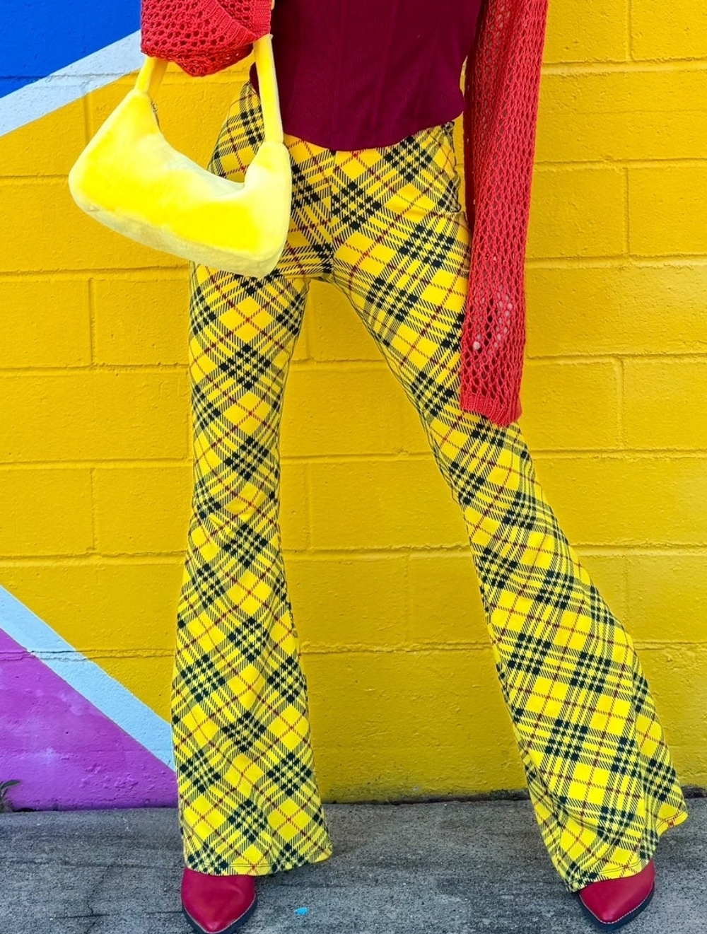 🌼✌️90s Cher Clueless Yellow Vintage Plaid Flare Bell Bottom Pants Medium